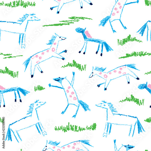 Vector seamless pattern with crayon children drawing of primitive blue horses and green grass on the white background. Kids hand drawn animal pattern in simple sketch style with horse.