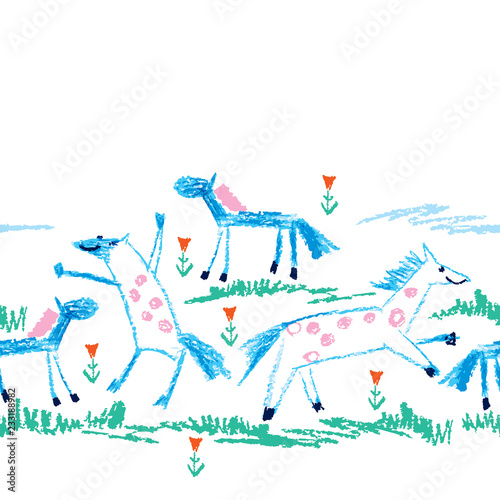 Vector seamless pattern with crayon children drawing of primitive blue horses, green grass and red flower on the white background. Kids hand drawn animal pattern in simple sketch style with horse.