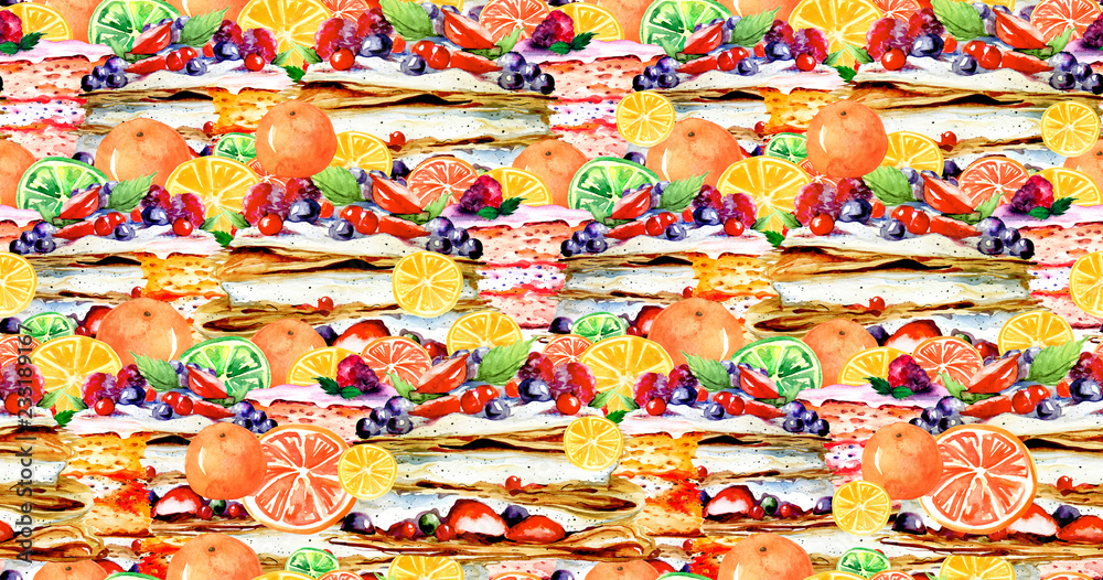Seamless pattern with watercolor hand painted sweet and tasty cakes, pie, cream cake with strawberry,blueberry. Portion biscuit pie with strawberries.It can be used for wallpaper,fabric design,banner