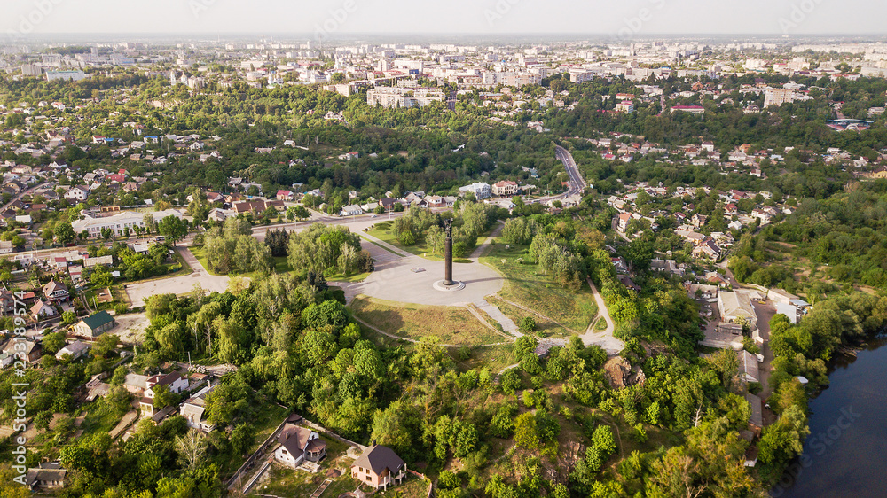 Aerial view of Zhytomyr city in Ukraine with memorial