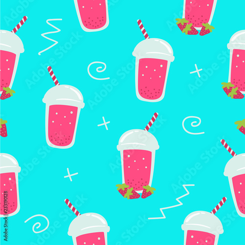 Strawberry bubble drink smoothie seamless pattern with memphis blue background