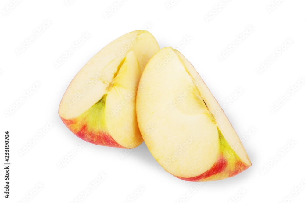 Isolated apple slices. Red apple fruit slices isolated on white with clipping path