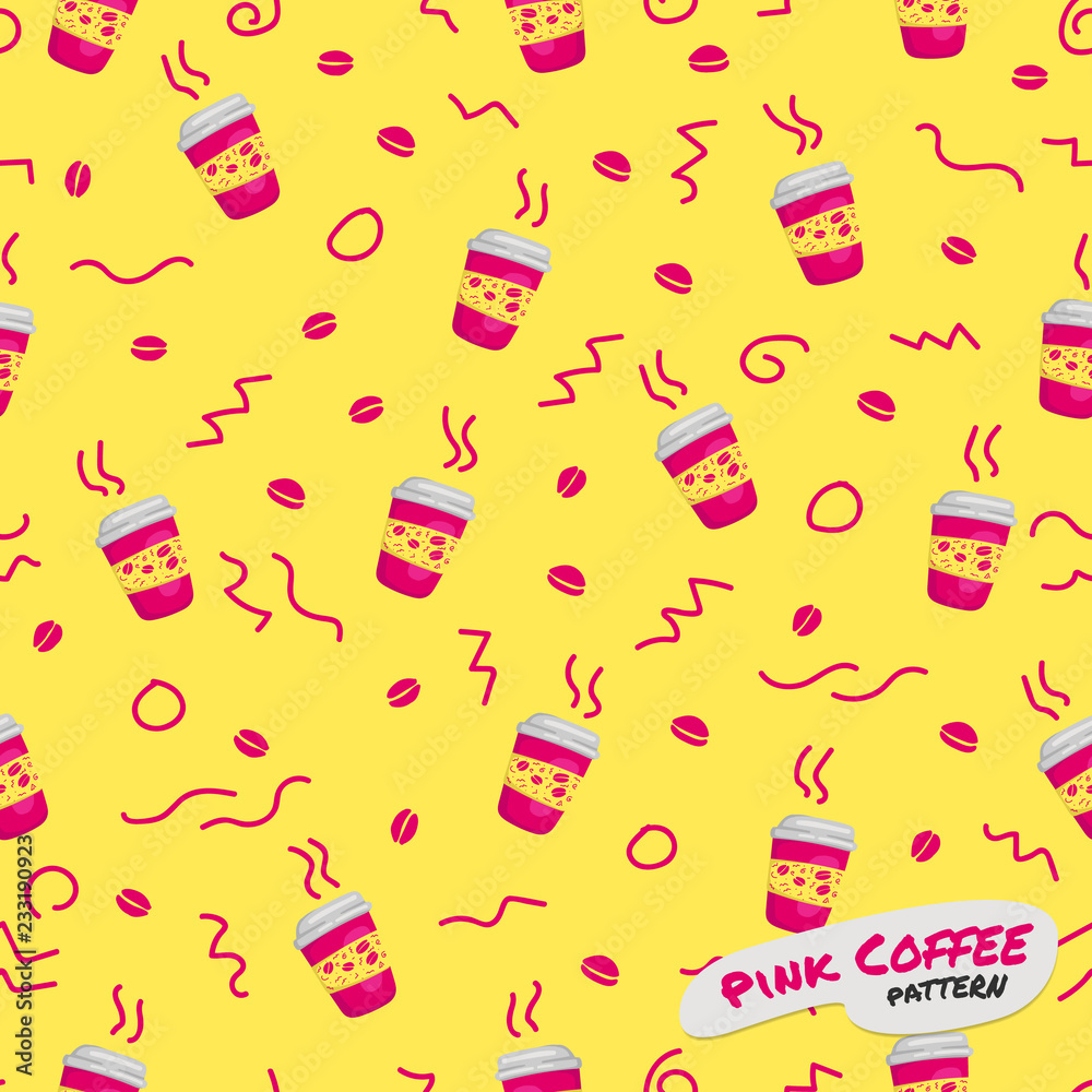 Memphis pink coffee cup to go and beans seamless print background pattern Memphis pink coffee cup to go and beans seamless print background pattern