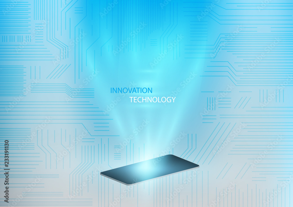 Hologram light with circuit board as backdrop. Futuristic design concept. Abstract digital and innovation technology background. Vector Illustration. Hologram light with circuit board as backdrop. Futuristic design concept. Abstract digital and innovation technology background. Vector Illustration.