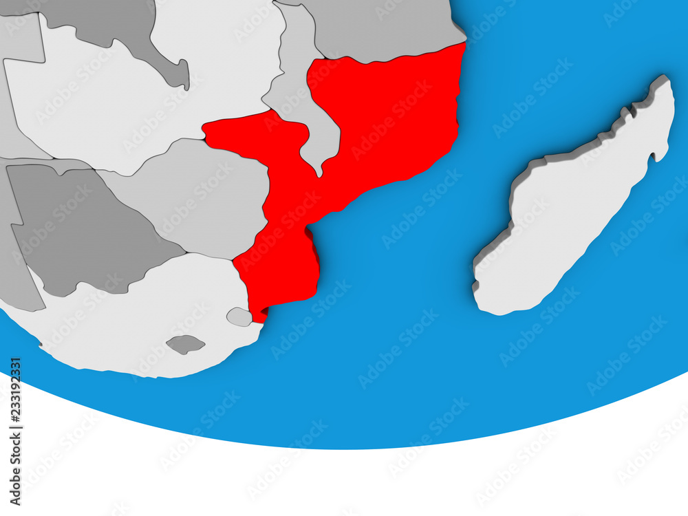 Fototapeta premium Mozambique on simple political 3D globe.