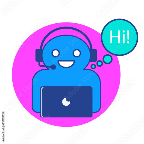 The vector illustration of online chatbot character with computer.