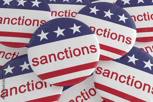 USA Politics News Badges: Pile of Sanctions Buttons With US Flag 3d illustration