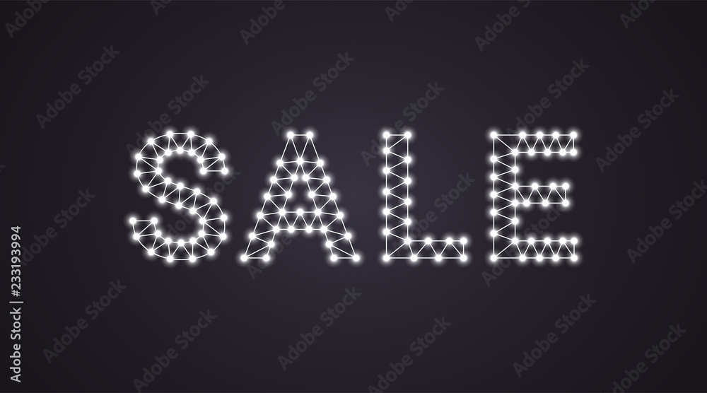Inscription of Sale with neon lamps. Vector text