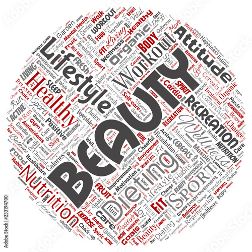 Vector conceptual healthy living positive nutrition sport round circle red word cloud isolated background. Collage of happiness care, organic, recreation workout, beauty, vital healthcare spa concept
