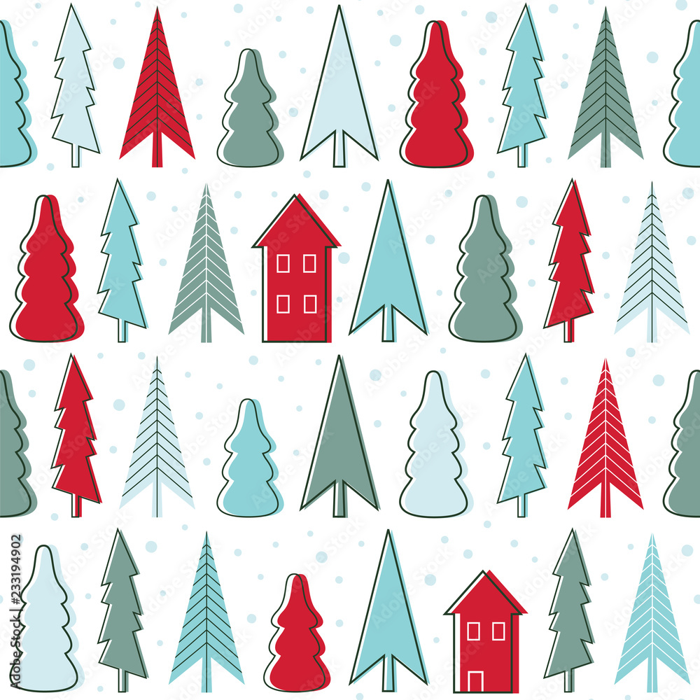 Obraz premium Trees and houses . Seamless vector pattern with a house in the forest.