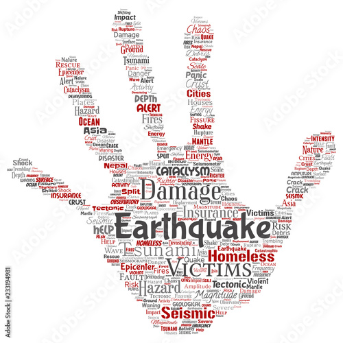 Vector conceptual earthquake activity hand print stamp word cloud isolated background. Collage of natural seismic tectonic crust tremble, violent tsunami waves risk, tectonic plates shifting concept