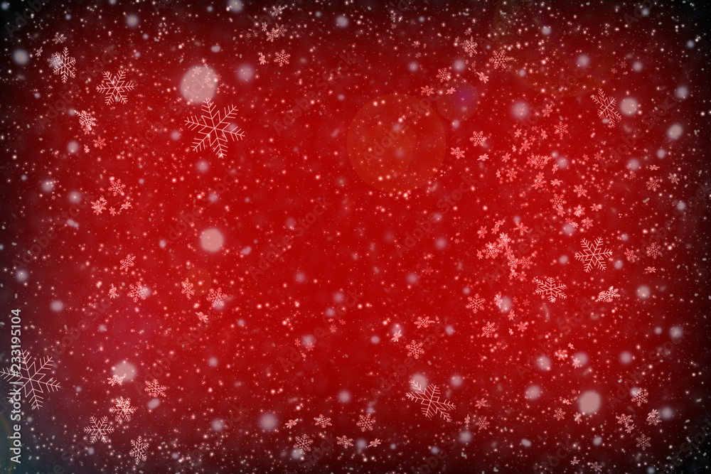 Christmas, New Year, red abstract background with snowflakes and snow, stars. A vignette, a copy of space.