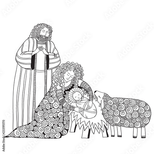 Christmas scene, symbol of Christianity hand drawn vector illustration.