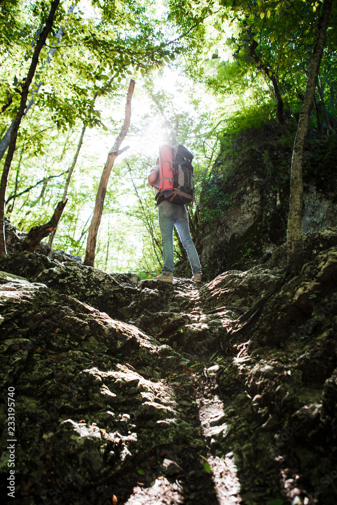 A man with a backpack and a karemate goes on a trek through the rocky gorge. Space for text.