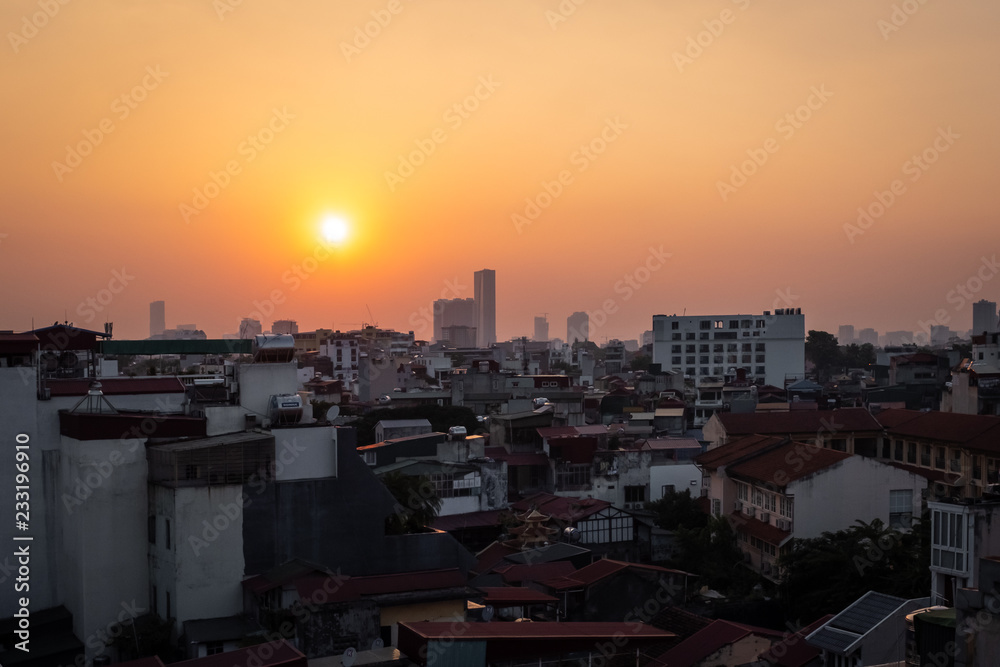 Smog beautiful sunset in Hanoi, Vietnam