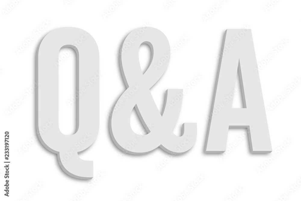 Q&A (Questions and Answers) text in minimalist white grey color 3D word shape and isolated on simple minimal white clean background. Q&A (Questions and Answers) text in minimalist white grey color 3D word shape and isolated on simple minimal white clean background.