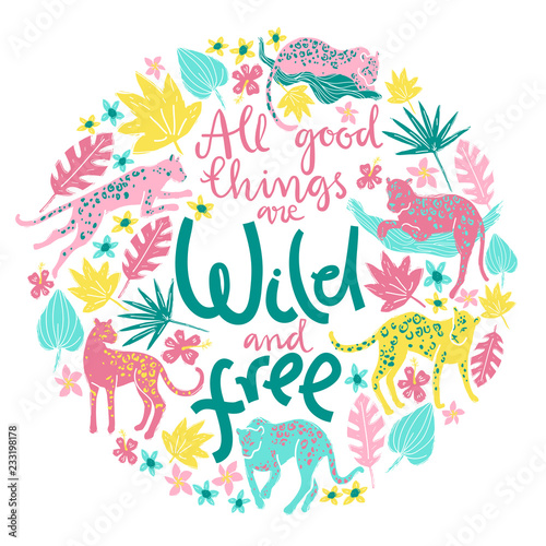 Vector poster with jaguars, tropic plants and hand letterin quot © dinkoobraz