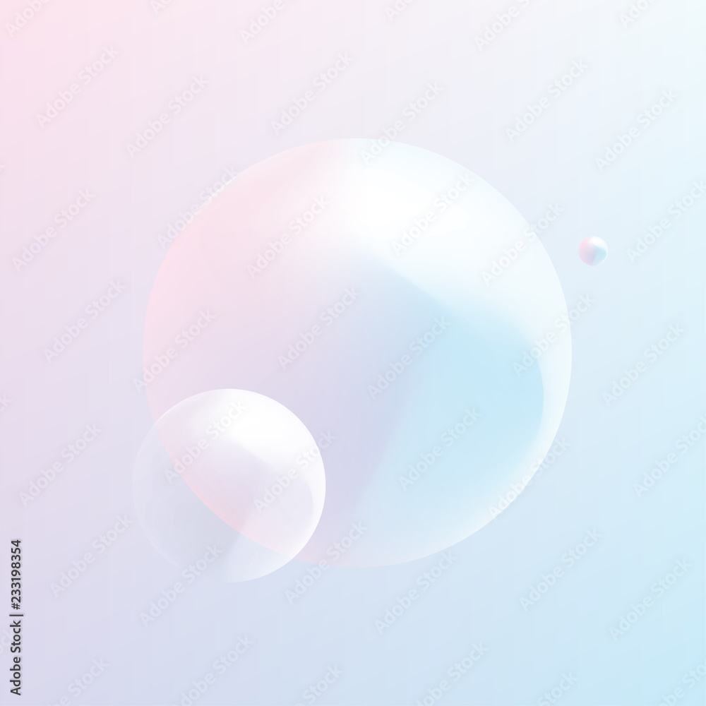 Soft Holographic gradient spheres floating on a light pink and blue background