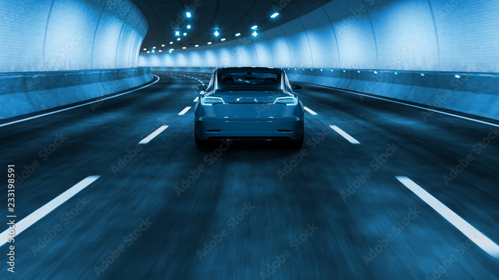 Fototapeta premium Modern Electric car rides through tunnel with cold blue light style 3d rendering