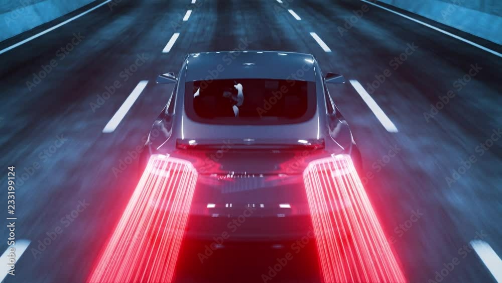 Modern Electric car rides through tunnel with cold blue light style