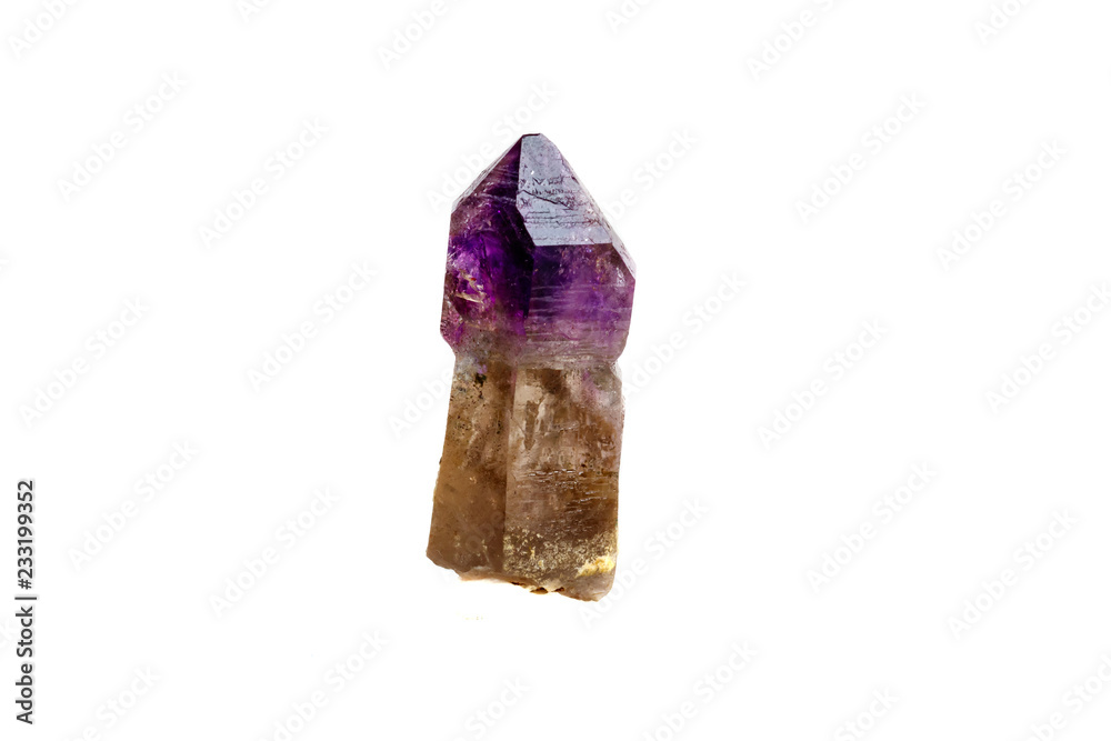 Macro Mineral Stone Amethyst together smoky quartz, rauchtopaz on a white background Macro Mineral Stone Amethyst together smoky quartz, rauchtopaz on a white background