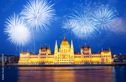 Photography fireworks around Hungarian parliament-  New Year destination, Budapest
