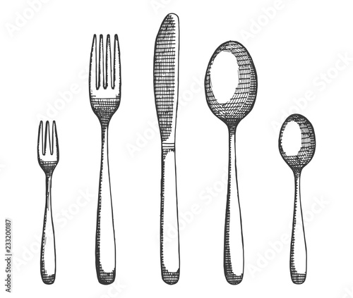 cutlery set of forks and spoons, knives vector. hand drawing isolated illustration