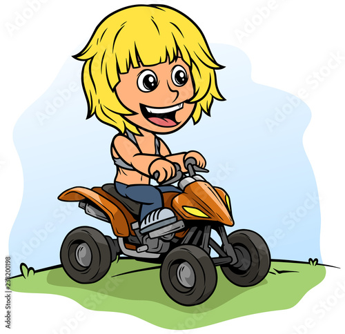 Cartoon boy character driving quad motorbike