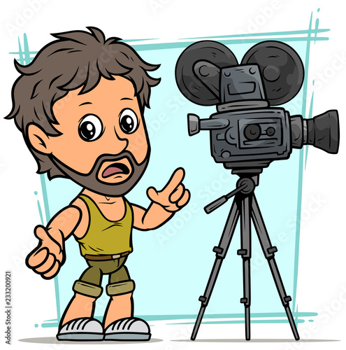 Cartoon bearded boy character with movie camera