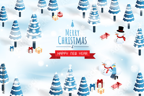 merry christmas and happy new year,isometric christmas tree snow  gift box vector