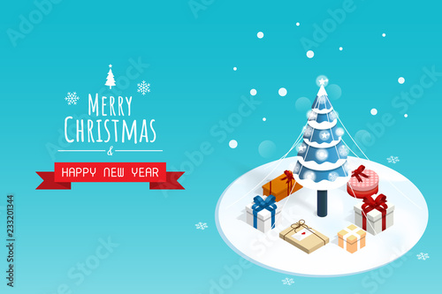 merry christmas and happy new year,isometric christmas tree snow  gift box vector