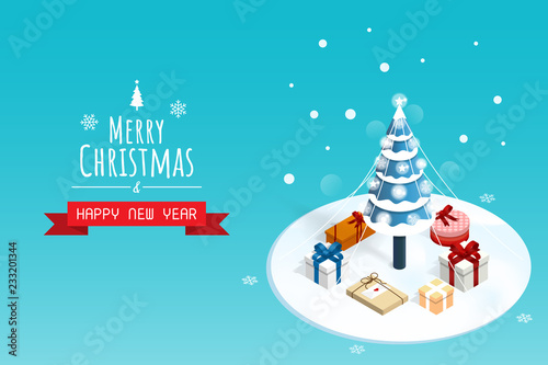 Wallpaper Mural merry christmas and happy new year,isometric christmas tree snow  gift box vector Torontodigital.ca