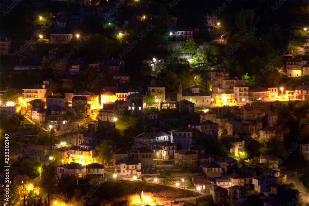 Mountain village, street lights at night landmark view