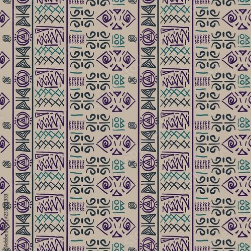 Colorful tribal with ultra violet colors. Trendy doodle hand drawn unique seamless pattern for fabric textile print vector illustration.