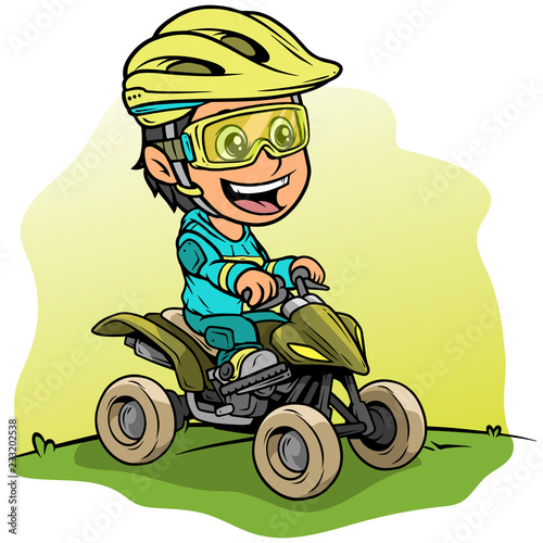 Cartoon girl character driving quad motorbike