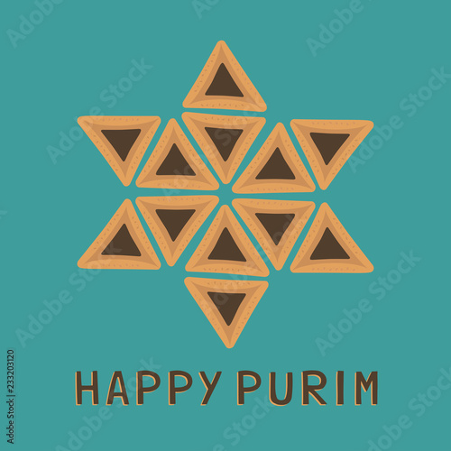 Purim holiday flat design icons of hamantashs in star of david shape with text in english