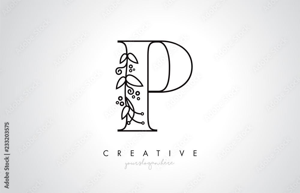 P Letter Logo With Organic Monogram Plant Leafs Detail and Circle Design