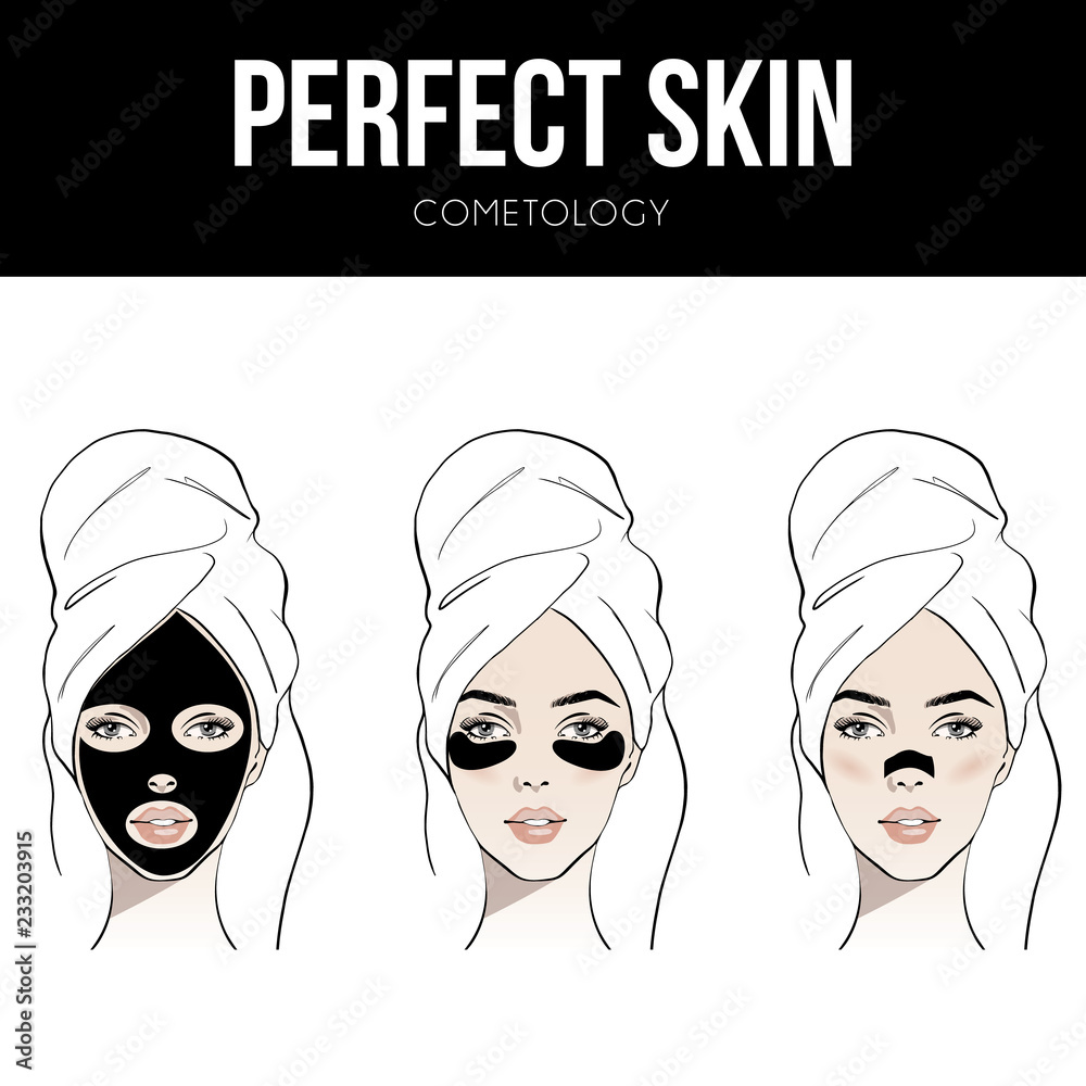 Female face with various beauty masks outline drawing. Set of Beautiful young women face with white towel on her head. Cosmetology. Perfect skin. Beauty spa concept. Sketch drawing Female face with various beauty masks outline drawing. Set of Beautiful young women face with white towel on her head. Cosmetology. Perfect skin. Beauty spa concept. Sketch drawing