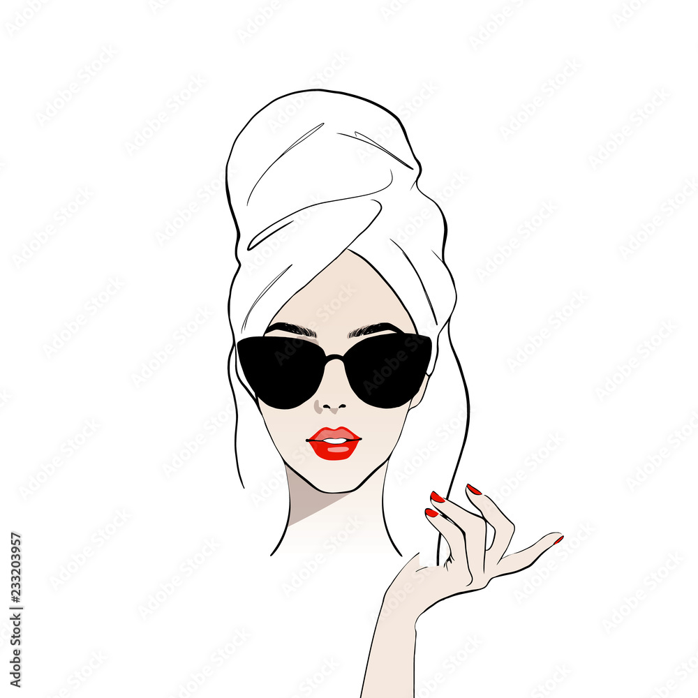 Beauty spa face with red lips and with sunglasses, pretty woman in towel and in bathrobe. Portrait girl shining purity. Fashion, style, beauty. Graphic, sketch drawing. Stock Vector illustration