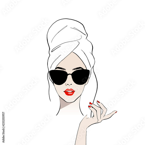 Beauty spa face with red lips and with sunglasses, pretty woman in towel and in bathrobe. Portrait girl shining purity. Fashion, style, beauty. Graphic, sketch drawing. Stock Vector illustration