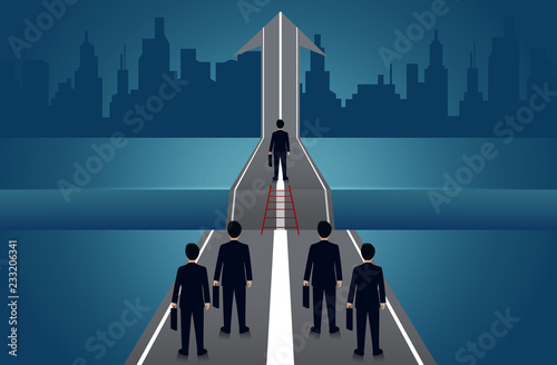 Businessmen compete go on the road there is a gap between the path with arrow to aim for goal success. business concept of challenge problem solving. leadership. creative idea. vector illustration