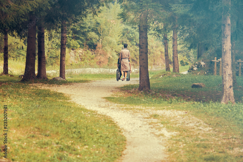 Fototapeta premium woman with person in wheelchair, jobs in services to individuals (the location is a natural park and the photo has a lot of space for text)