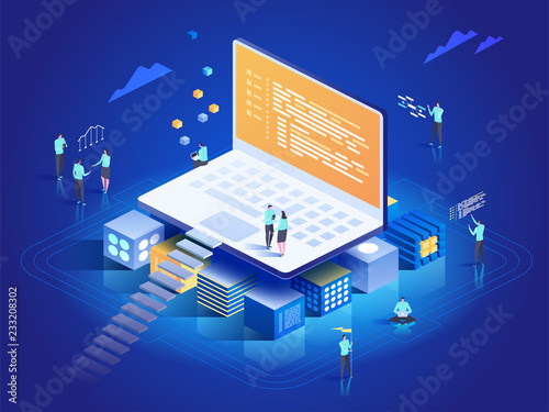 Software, web development, programming concept. People interacting with laptop