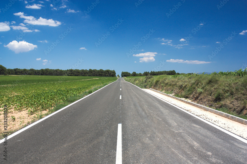 View from the center of a road, with a nice blue sky and green fields