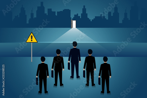 Businessmen standing There is a gap between the paths. Go to the door destination for success. Business concept of challenge problem solving. leadership. creative idea. cartoon vector illustration