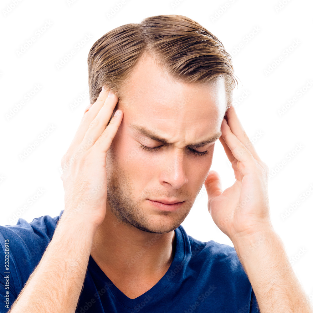 Young man heaving headache Young man heaving headache