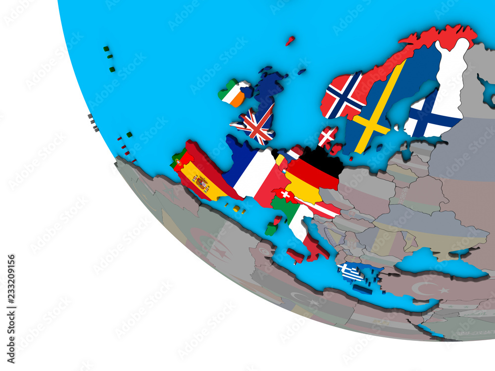 Western Europe with embedded national flags on simple 3D globe.