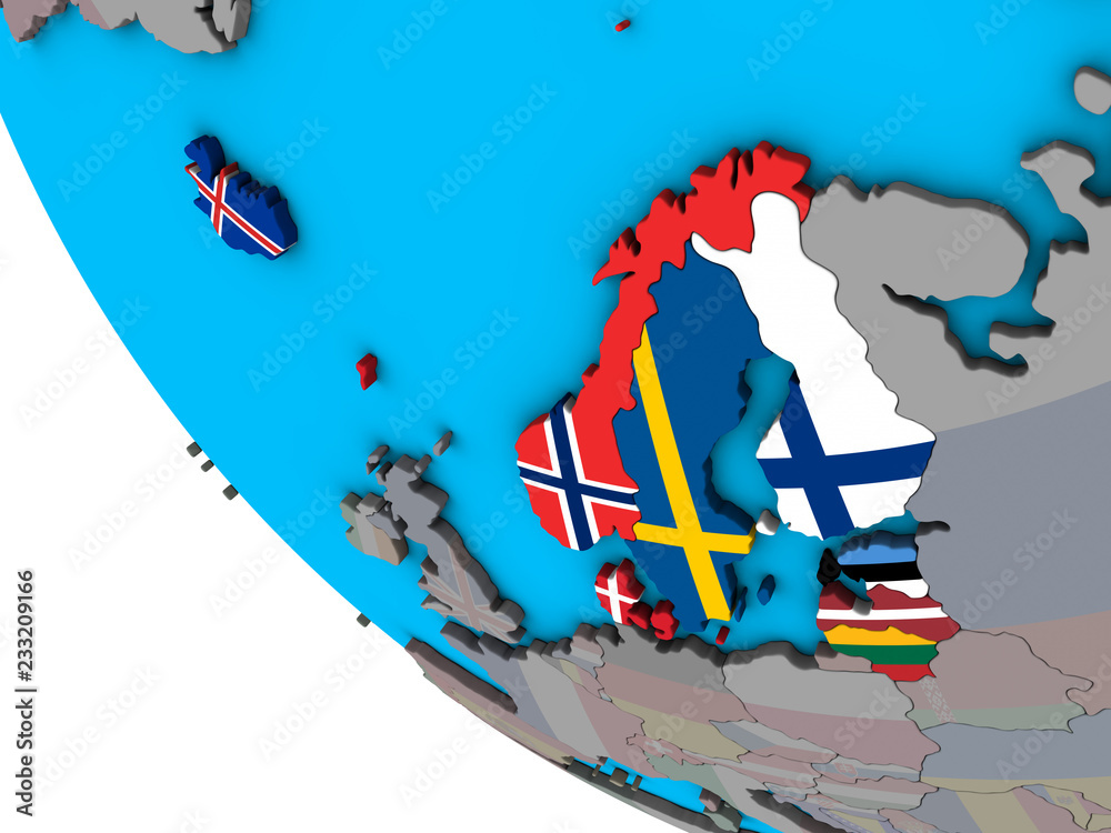 Northern Europe with embedded national flags on simple 3D globe.
