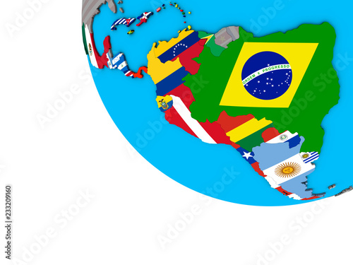 Latin America with embedded national flags on simple 3D globe.