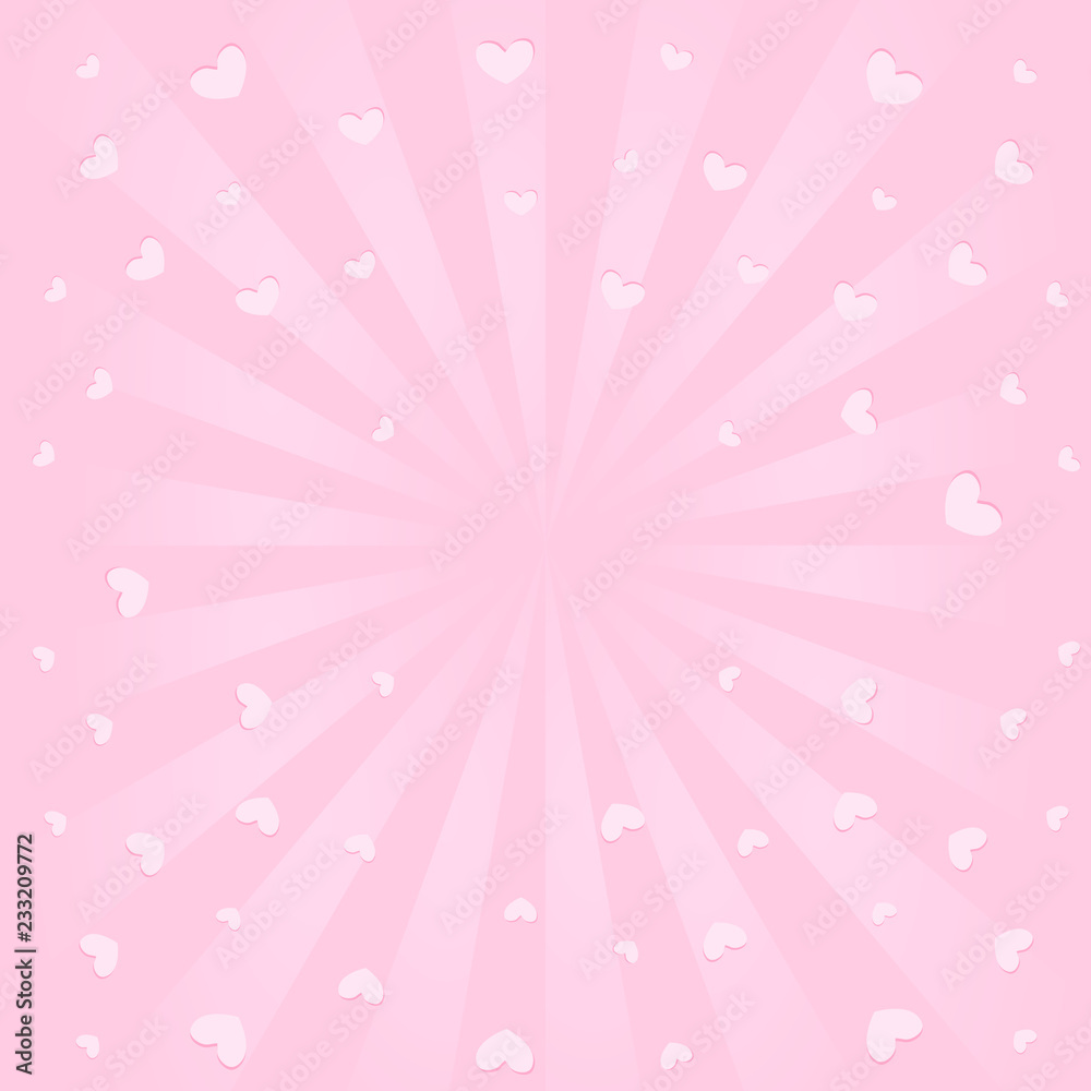 Cute pink background with sunbeams, flying hearts in air. Romantic elegante  picture for greeting card ( birthday invitation, valentines, mother day)  Cute banner for LOL surprise, blank space in center Stock Vector |